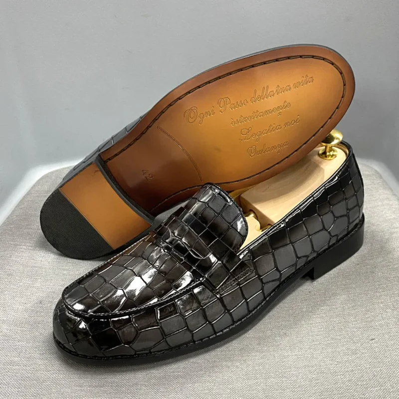 Premium Alligator Print Genuine Leather Penny Loafers for Men with Round Toe for Formal Occasions - Image 5