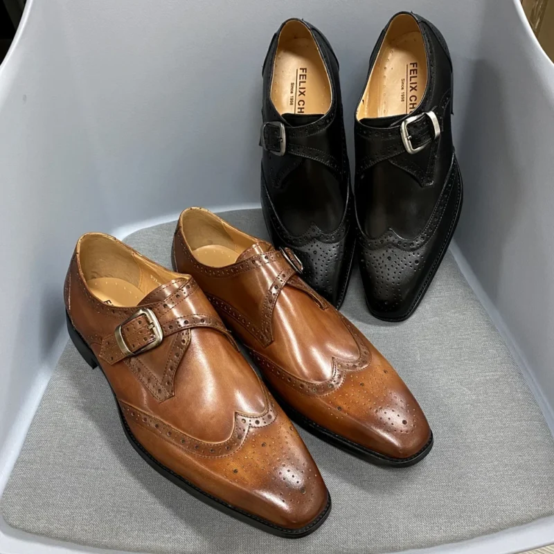 Classic Leather Monk Strap Wingtip Brogue Dress Shoes for Men - Image 3