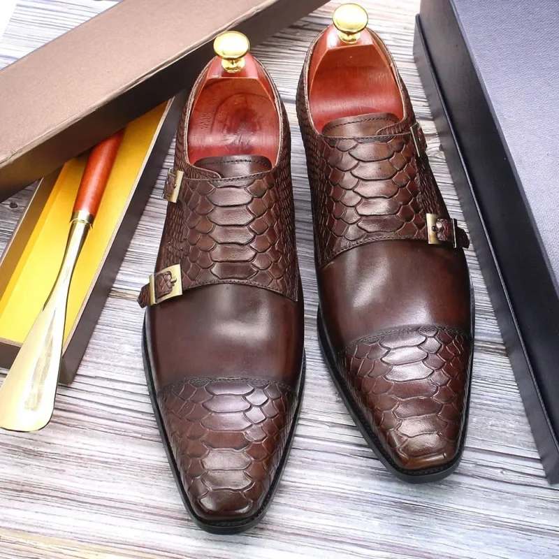 Handcrafted Double Monk Strap Snake Print Leather Dress Shoes with Cap Toe for Men - Image 3