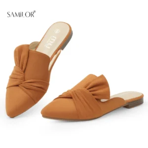 Pointed Toe Suede Knot Mules Women's Flat Backless Loafer Slides for Everyday Comfort