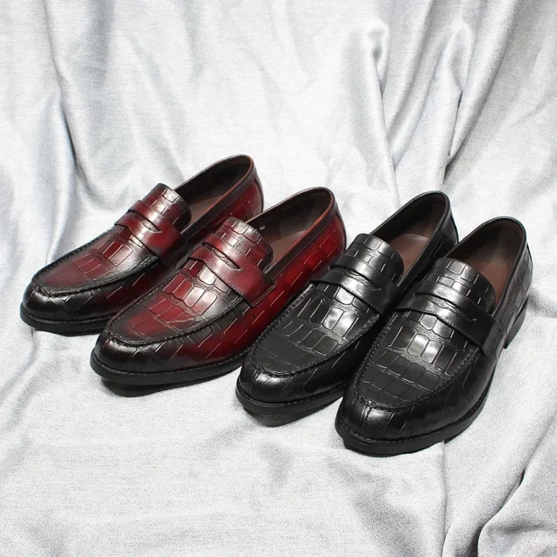 Handcrafted Alligator Pattern Leather Penny Loafers for Men with Pointed Toe for Formal & Casual Wear - Image 2