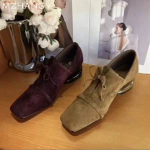 Square Toe Suede Chunky Loafers for Women with Medium Heel for Office Wear