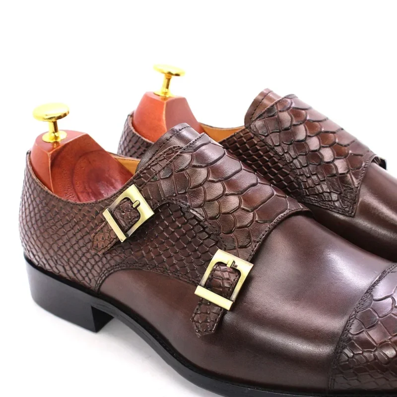 Handcrafted Double Monk Strap Snake Print Leather Dress Shoes with Cap Toe for Men - Image 5