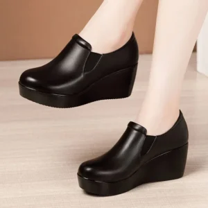 Comfort Wedge Leather Loafers with Fur Lining for Office & Daily Wear