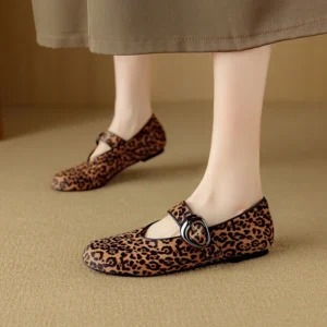 Leopard Print Genuine Leather Mary Jane Loafers with Square Toe for Women