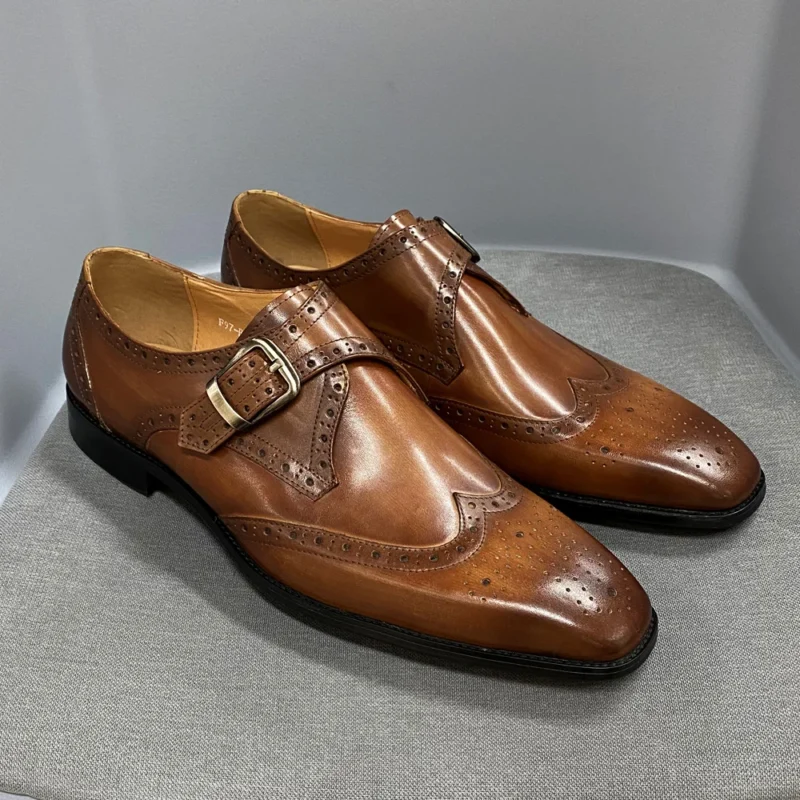 Classic Leather Monk Strap Wingtip Brogue Dress Shoes for Men - Image 7