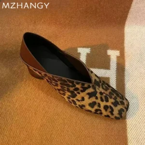Leopard Print Square Toe Chunky Loafers with Medium Heel for Fashion-Forward Women