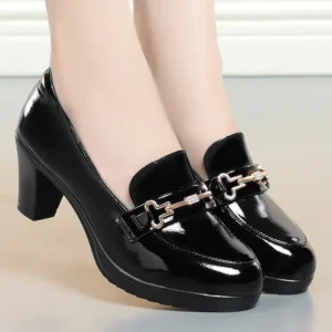 Classic Platform Leather Loafers for Women with Medium Block Heel for Office Wear