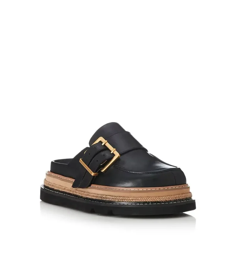Genuine Leather Platform Mule Loafers with Gold Buckle for All-Day Comfort - Image 3