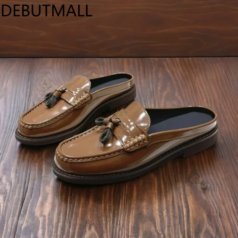 Fringe Beaded Genuine Leather Loafers Flat Mule Slides for Women with Comfort Cushioning - Image 2