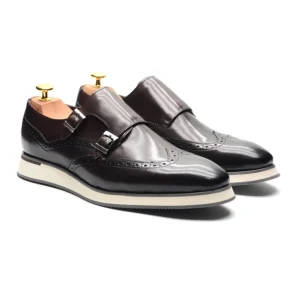 Premium Leather Wingtip Monk Strap Shoes with Double Buckles for Men