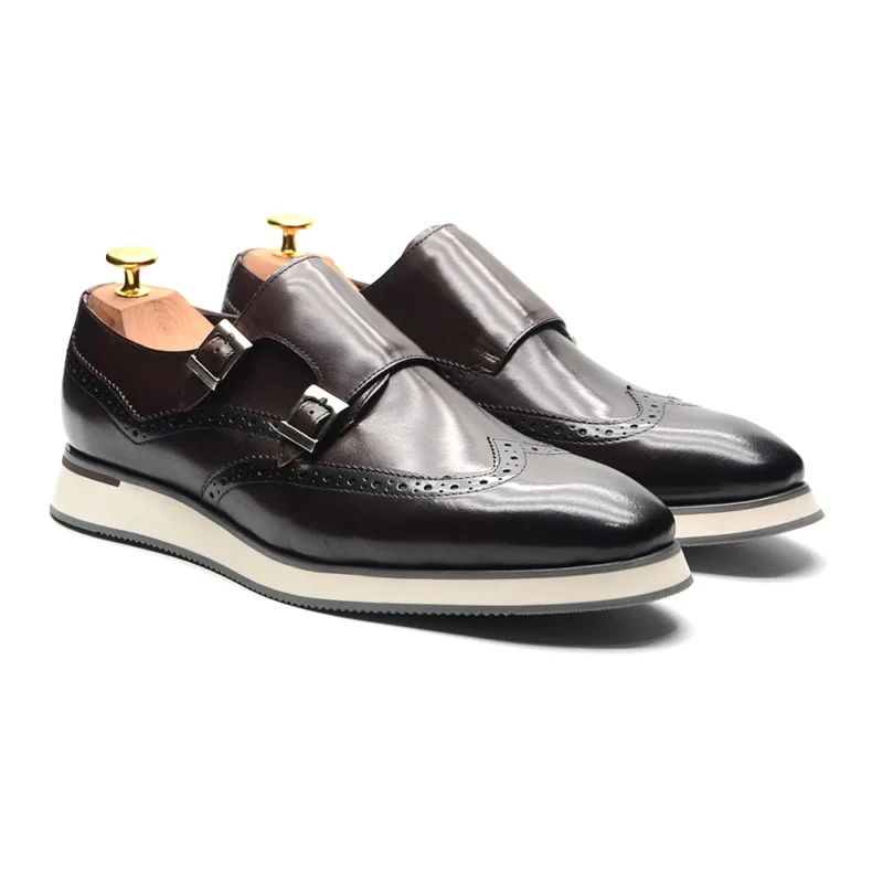 Premium Leather Wingtip Monk Strap Shoes with Double Buckles for Men