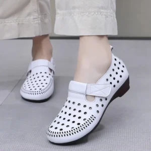 Hollow Round Toe Genuine Leather Loafers for Women with Soft Cushioned Comfort