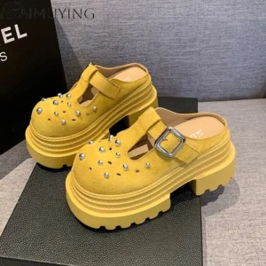 Retro Beaded Platform Mule Loafers with Hollow Design for Summer Comfort