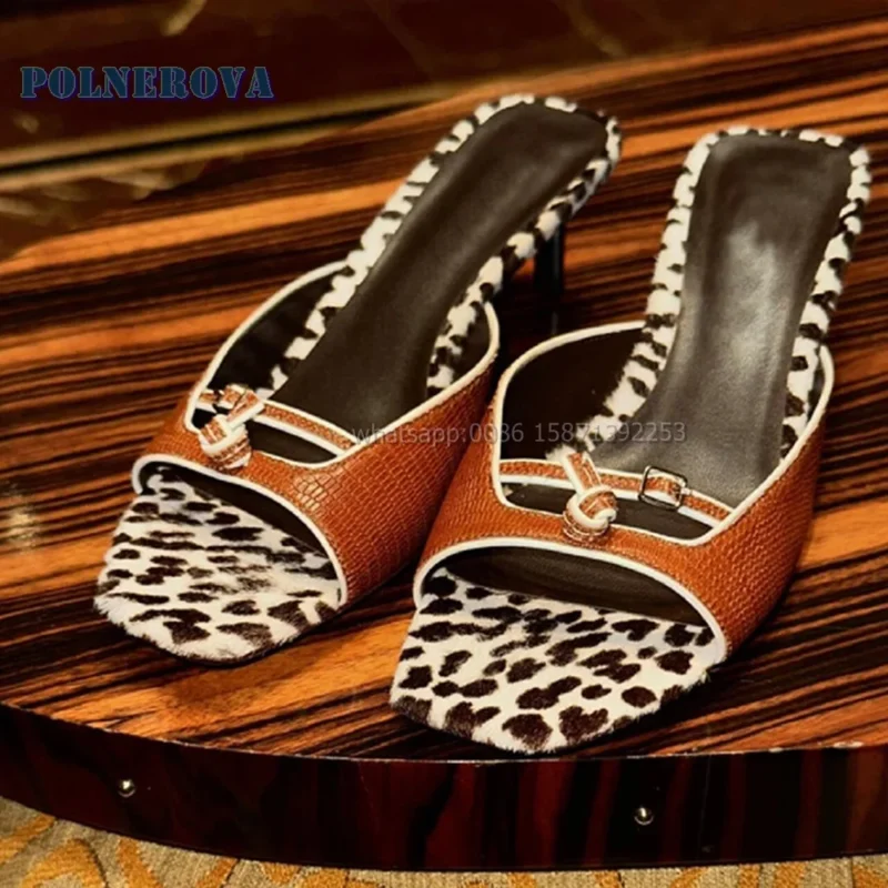 Leopard Print Open Toe Stiletto Heel Slides with Buckle Detail for Women - Image 2
