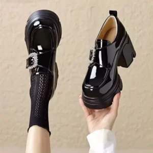 Crystal Platform Block Heel Loafers for Women with Buckle Detail for Elegant Style