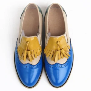 Genuine Leather Color Block Tassel Loafers with Round Toe for Women's Casual Style