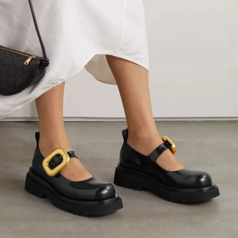 Buckled Platform Block Heel Loafers with Round Toe for Women's Fashion