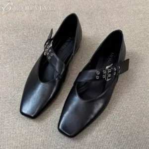 Square Toe Mary Jane Flats Soft Leather Women's Loafers with Buckle Strap for Casual Wear