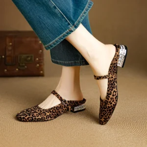 Pointed Toe Leopard Print Mary Jane Loafers with Low Square Heel for Casual Style