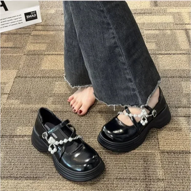 Feminine platform Mary Jane loafers with pearl chain detail for dressy outfits