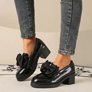 Classic Patent Leather Platform Loafers for Women with Square Heel and Bowknot Detail