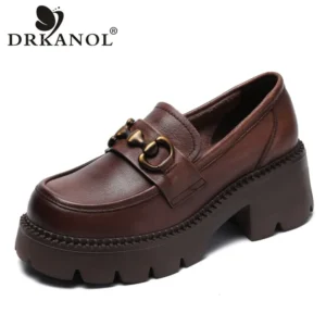 Retro Platform Genuine Leather Square Heel Loafers with Metal Decoration for Women