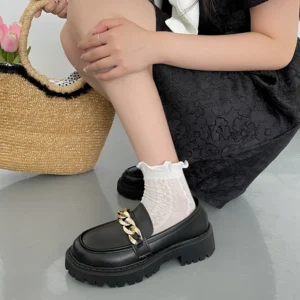 Vintage Platform Patent Leather Chain Loafers for Women with Round Toe for Office Comfort