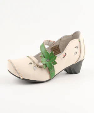 Floral Embroidered Genuine Leather Mary Jane Pumps with Low Heel for Women