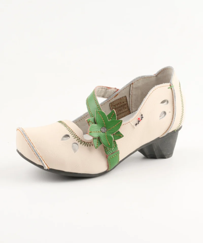 Floral Embroidered Genuine Leather Mary Jane Pumps with Low Heel for Women