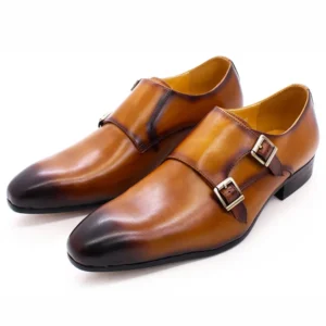 Premium Double Monk Strap Leather Dress Shoes for Men with Pointed Toe Design