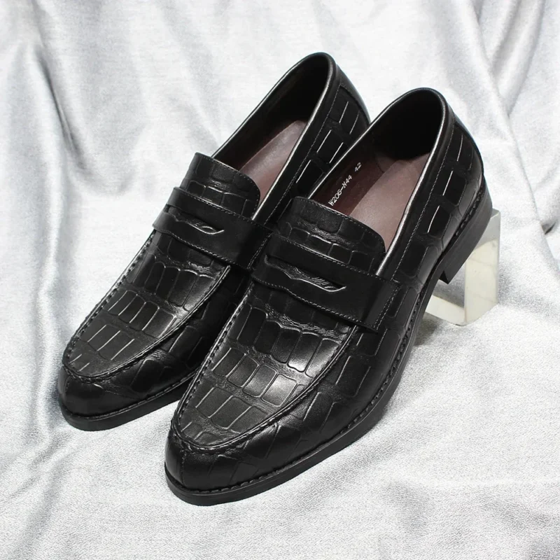 Handcrafted Alligator Pattern Leather Penny Loafers for Men with Pointed Toe for Formal & Casual Wear - Image 3