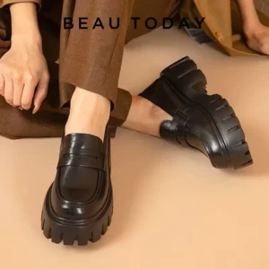 Platform Chunky Penny Loafers Genuine Leather Round Toe for Women's Casual Style