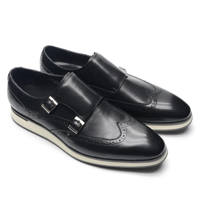 Premium Leather Wingtip Monk Strap Shoes with Double Buckles for Men - Image 4