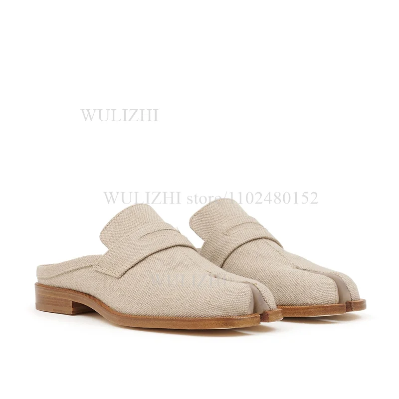 Classic canvas split toe loafer mules with brown sole