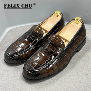 Premium Alligator Print Genuine Leather Penny Loafers for Men with Round Toe for Formal Occasions