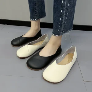 Comfort Leather Round Toe Slip-On Loafers for Women with Cushioned Insole