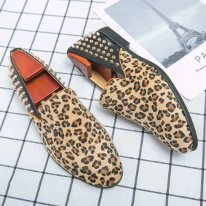 Classic Leopard Print Suede Loafers for Men with Studded Accents for Party Wear